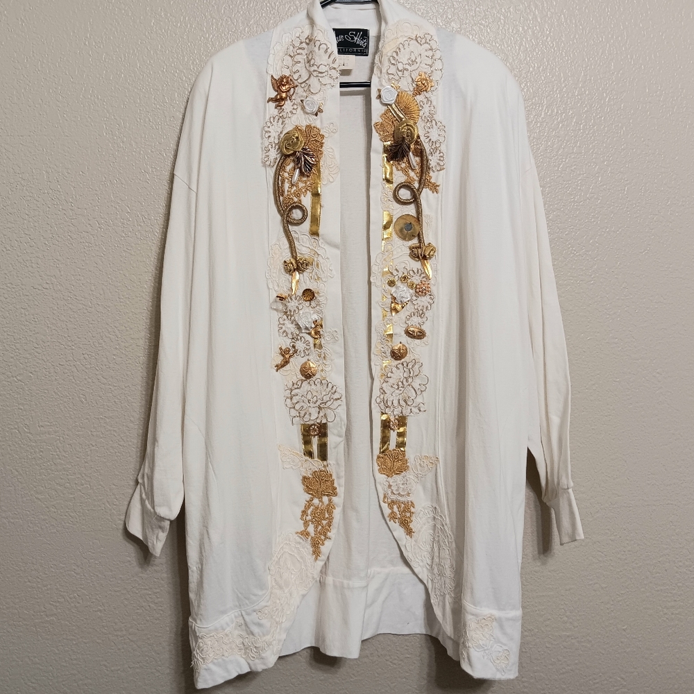 Phun Shirts Vintage White Gold Beaded Embroidered Open Front Jacket NEW